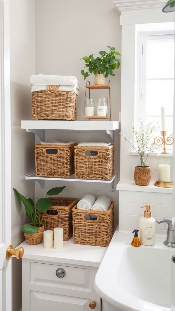 A stylish bathroom featuring wooden shelves with woven baskets, plants, and candles.