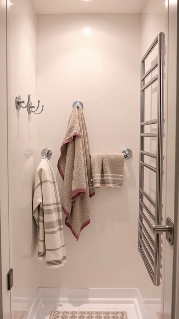 A tiny bathroom showcasing hooks and wall bars for towels.