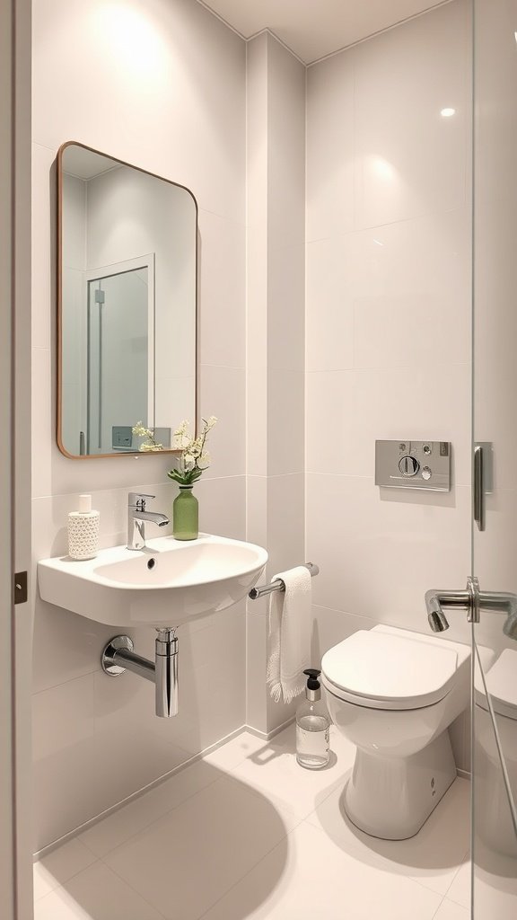 Small full bathroom with white walls and glossy finishes