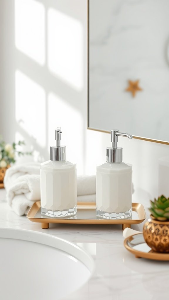 Stylish matching soap and lotion dispensers on a tray in a guest bathroom.