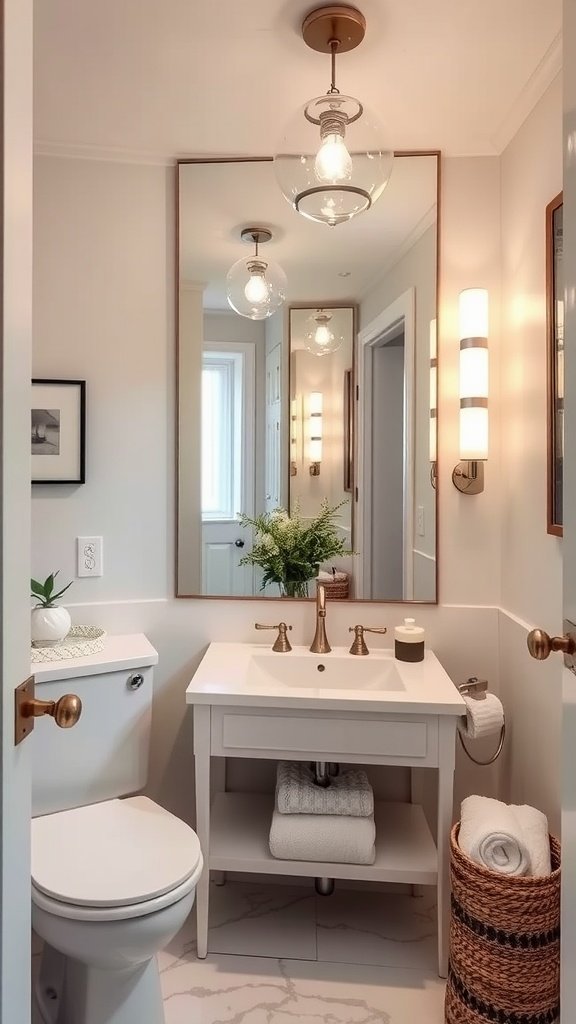 A small bathroom featuring a large mirror above the sink, with stylish lighting and decor.