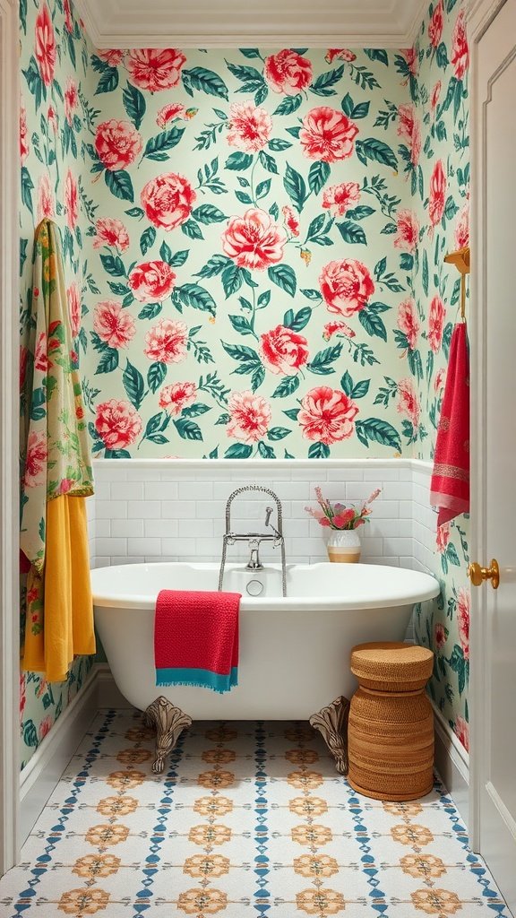 A vibrant bathroom with floral wallpaper featuring a freestanding bathtub and colorful towels.