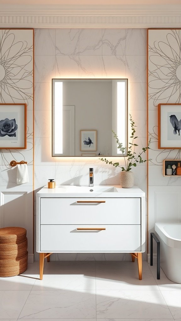 Stylish bathroom vanity with built-in lighting and decorative wall art.