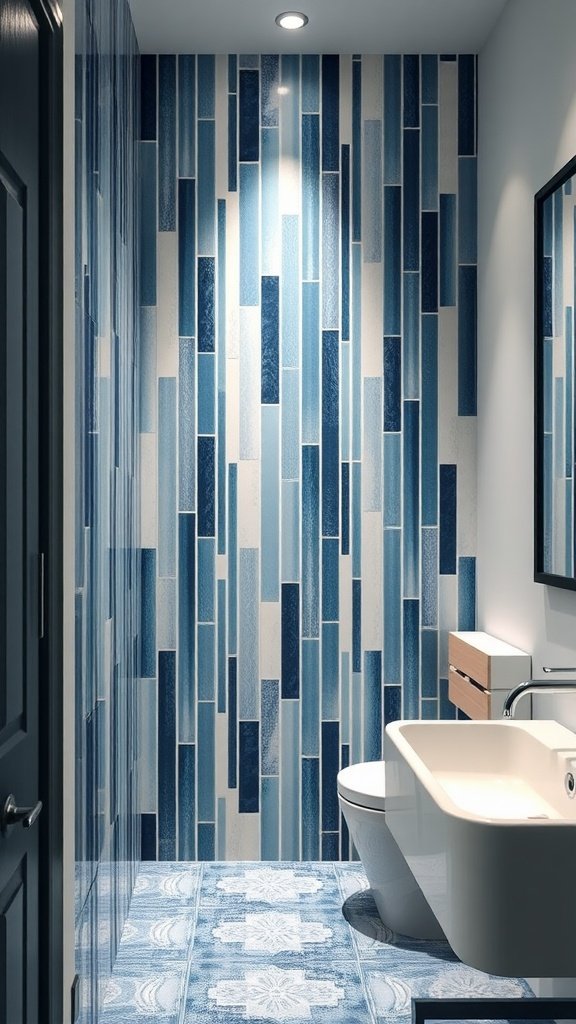 Bathroom featuring vertical stacked tiles in blue and white