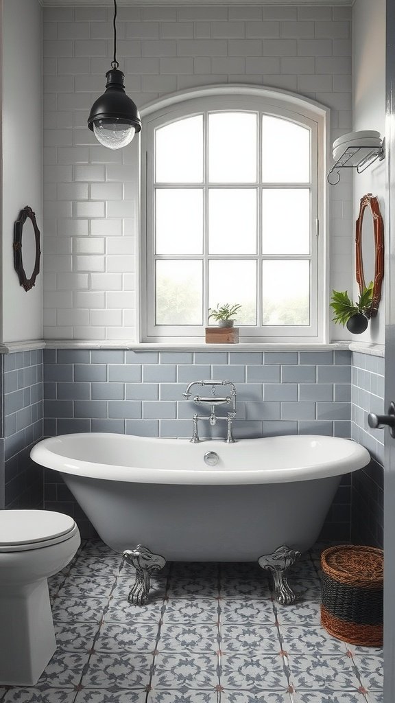 A vintage styled bathroom featuring a clawfoot tub, grey tiles, and natural light.