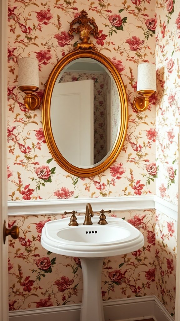 A vintage-style powder room featuring floral wallpaper, a round mirror with gold accents, and elegant sink fixtures.