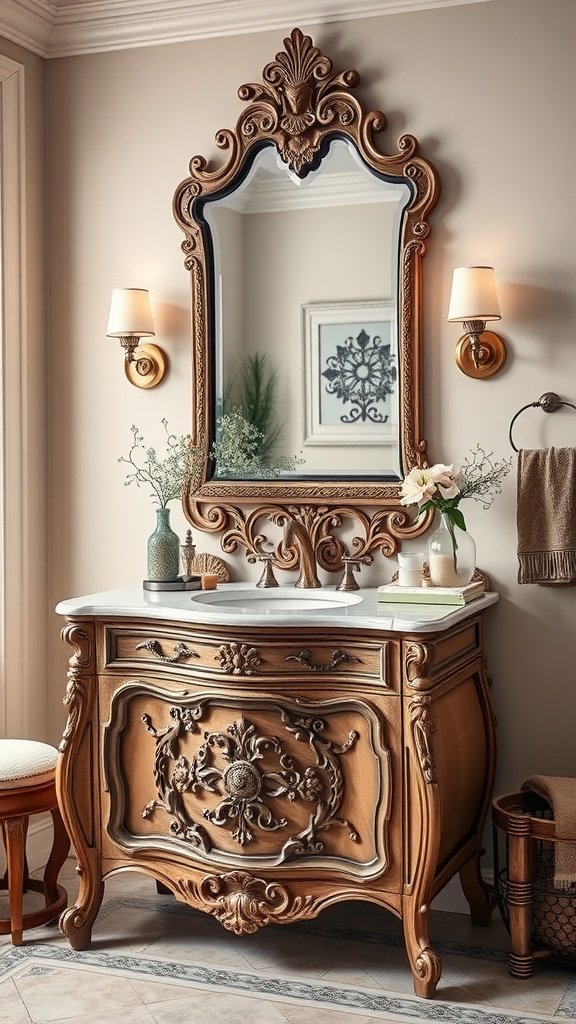 A vintage bathroom vanity with ornate details and a mirror.