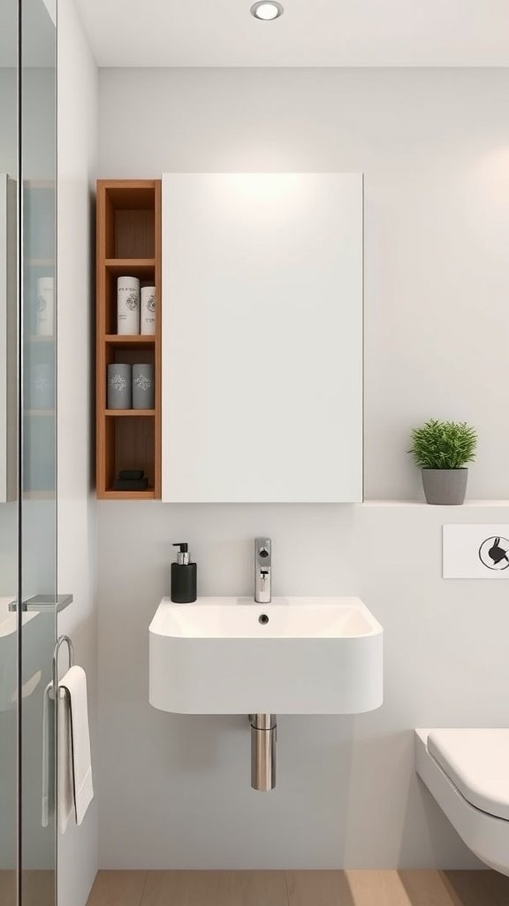 A modern wall-mounted cabinet in a bathroom with clean lines, featuring toiletries and neatly folded towels.