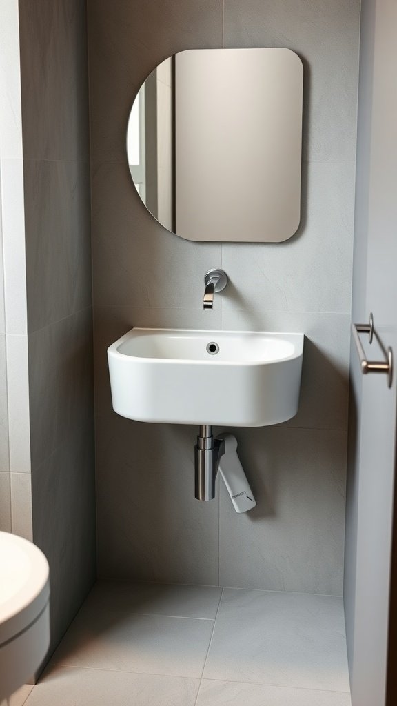 A modern wall-mounted sink in a small bathroom setting.
