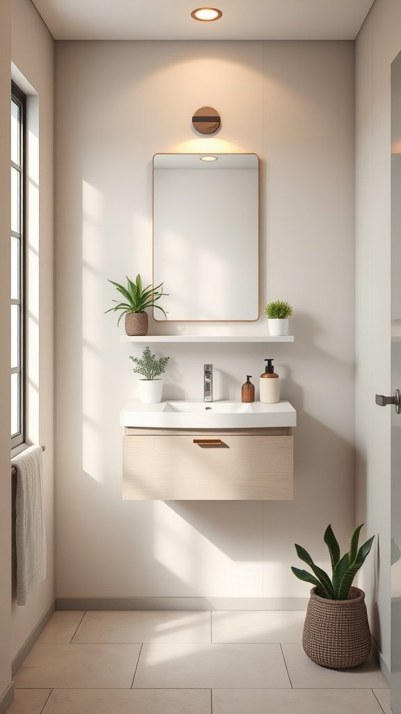A modern bathroom with a wall-mounted vanity, mirror, and plants.