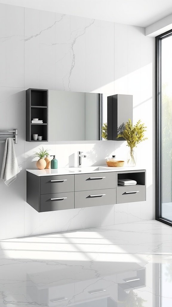 A stylish wall-mounted bathroom vanity with a mirror and decorative plants.