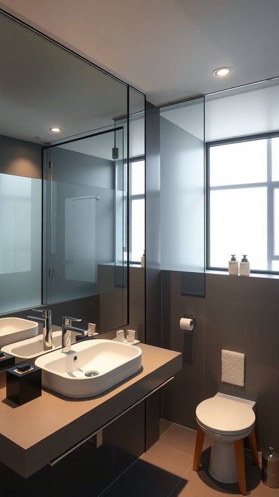 Modern bathroom featuring a wall-to-wall mirror and contemporary fixtures.