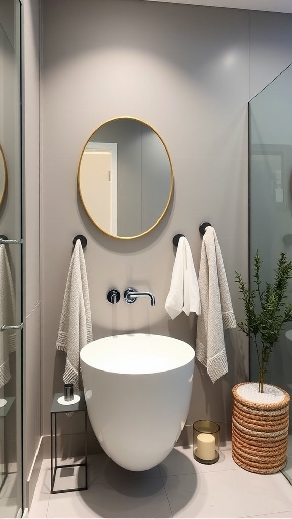 Modern bathroom with white towels hanging on wall hooks.