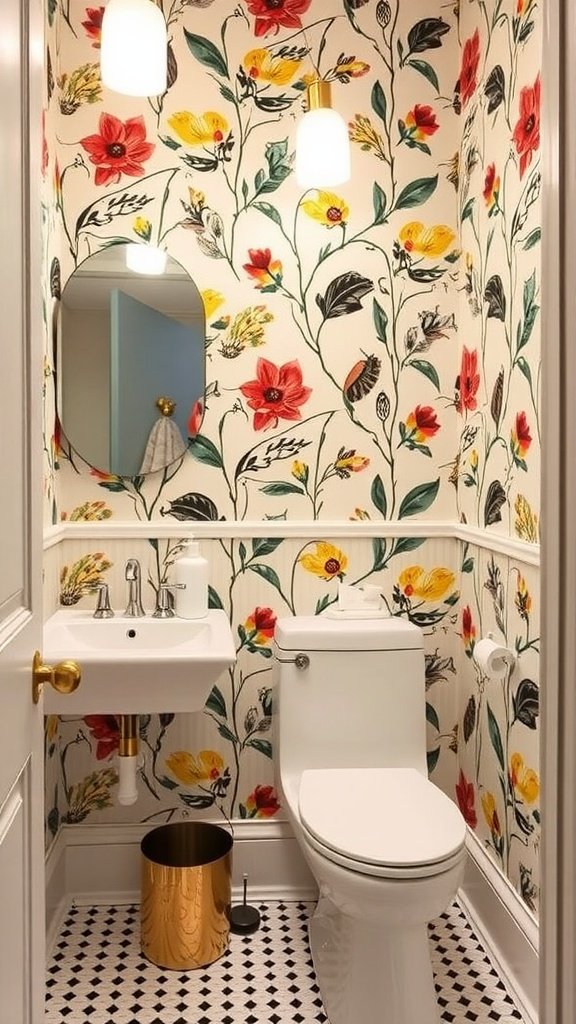 A vibrant floral wallpaper in a powder room featuring a white toilet and gold accents.