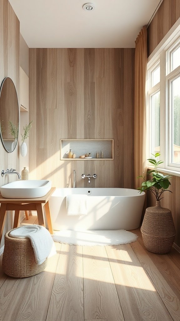 A cozy bathroom featuring wood-look tiles, a freestanding bathtub, and natural light.