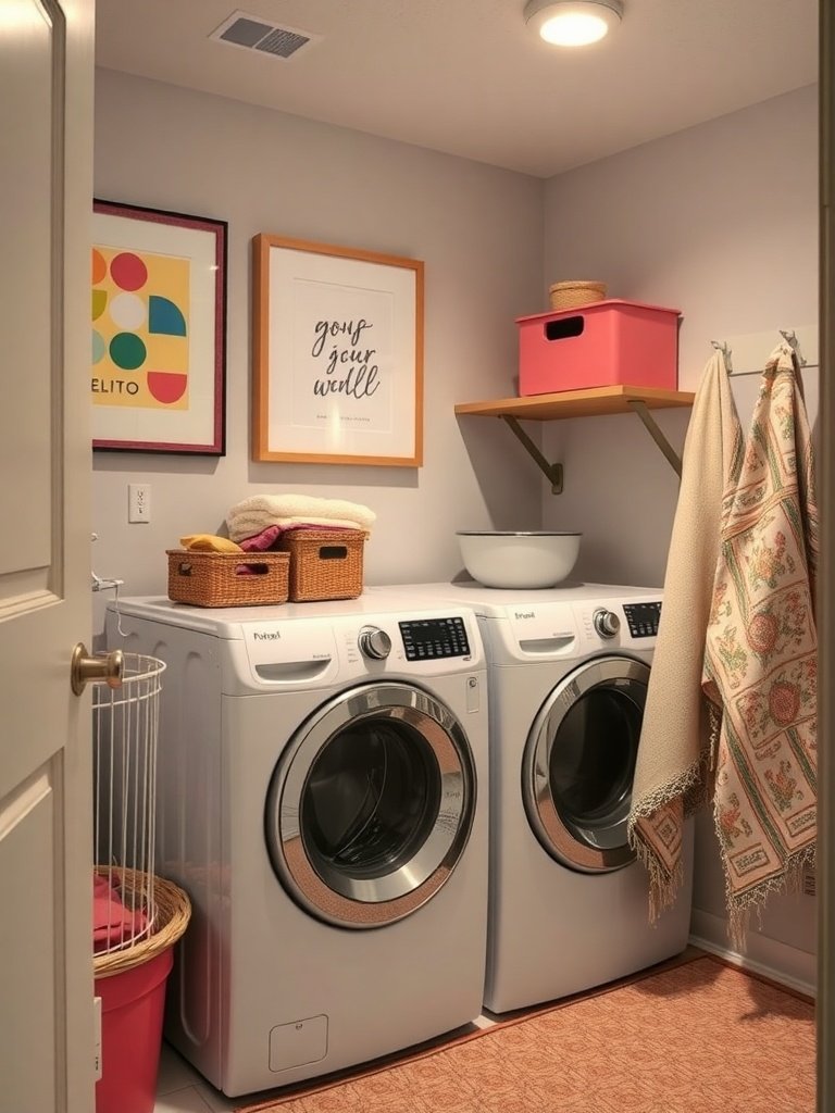 A cozy laundry room featuring modern appliances, decorative art, and colorful storage solutions.