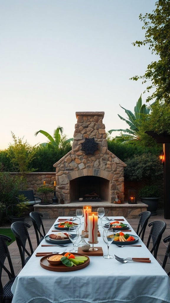 Outdoor dining table set up near a stone fireplace with food and candles.