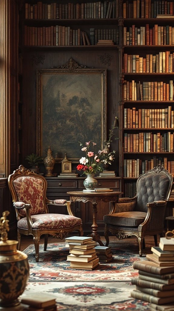 Cozy living room with antique furniture, bookshelves filled with old books, and vintage decor.