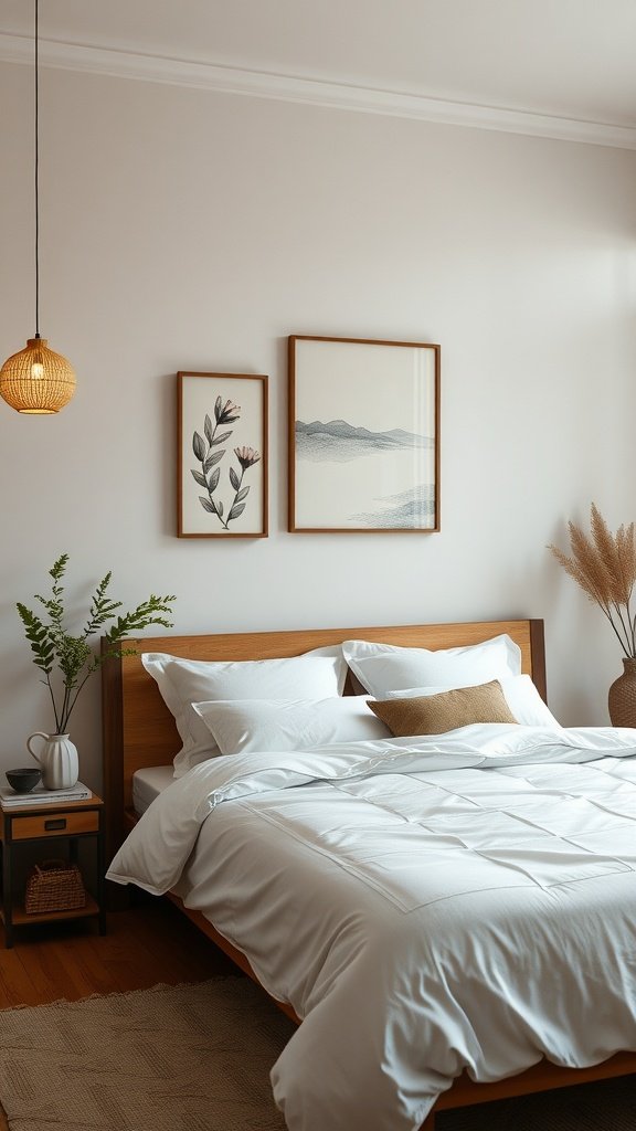 A Japandi style bedroom featuring minimal wall decor with framed botanical prints and a serene landscape.