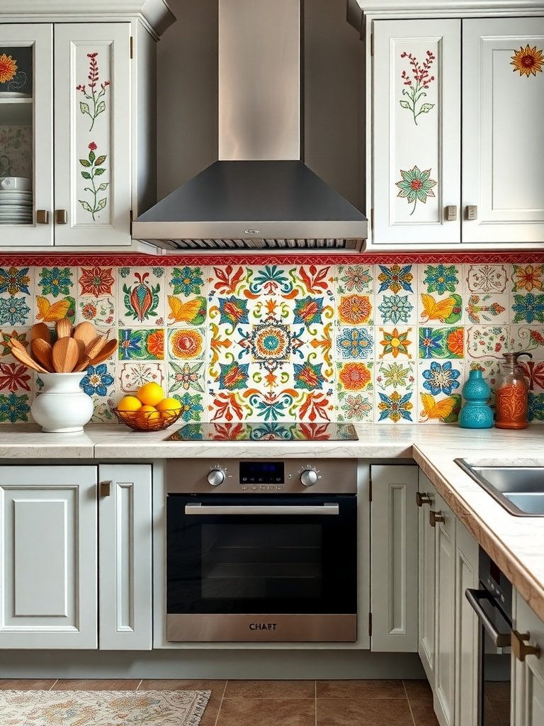 Colorful hand-painted ceramic kitchen backsplash with floral and geometric designs.