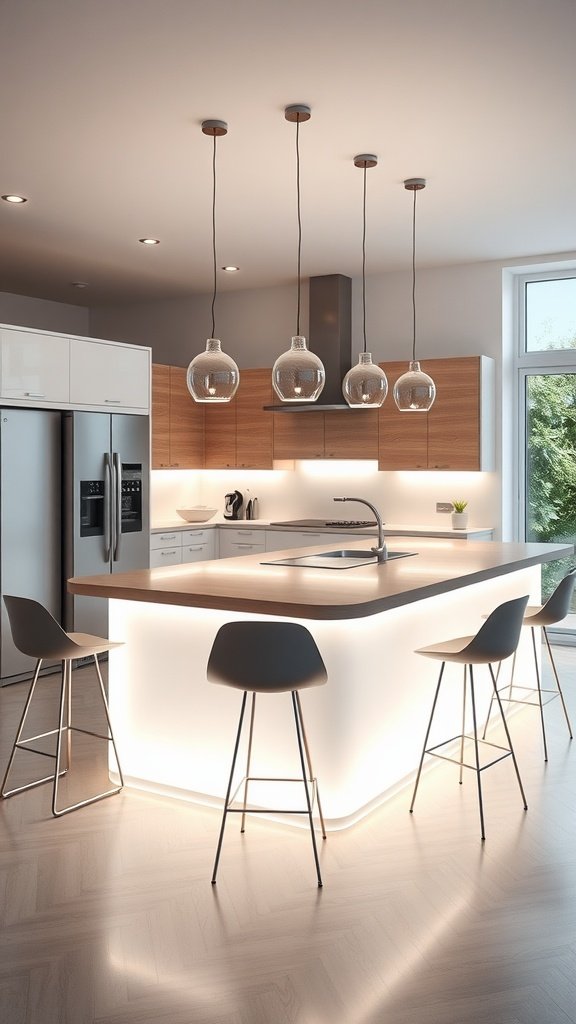 A modern kitchen with a backlit island, featuring stylish pendant lights and a sleek design.