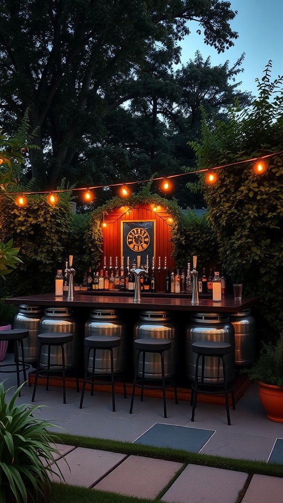 Outdoor bar with built-in kegs and tap towers surrounded by greenery and string lights.