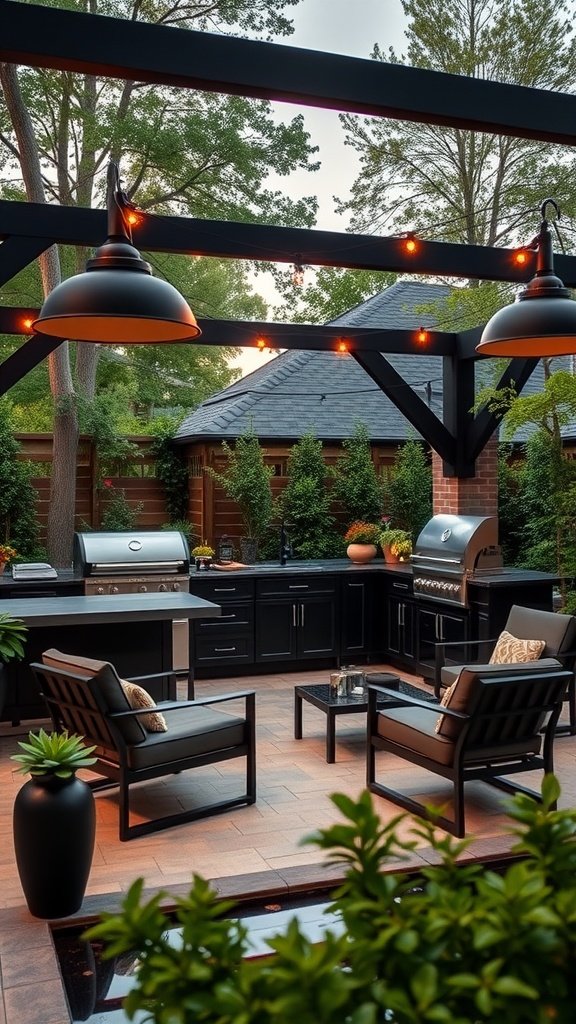 Modern outdoor kitchen with black and charcoal color scheme