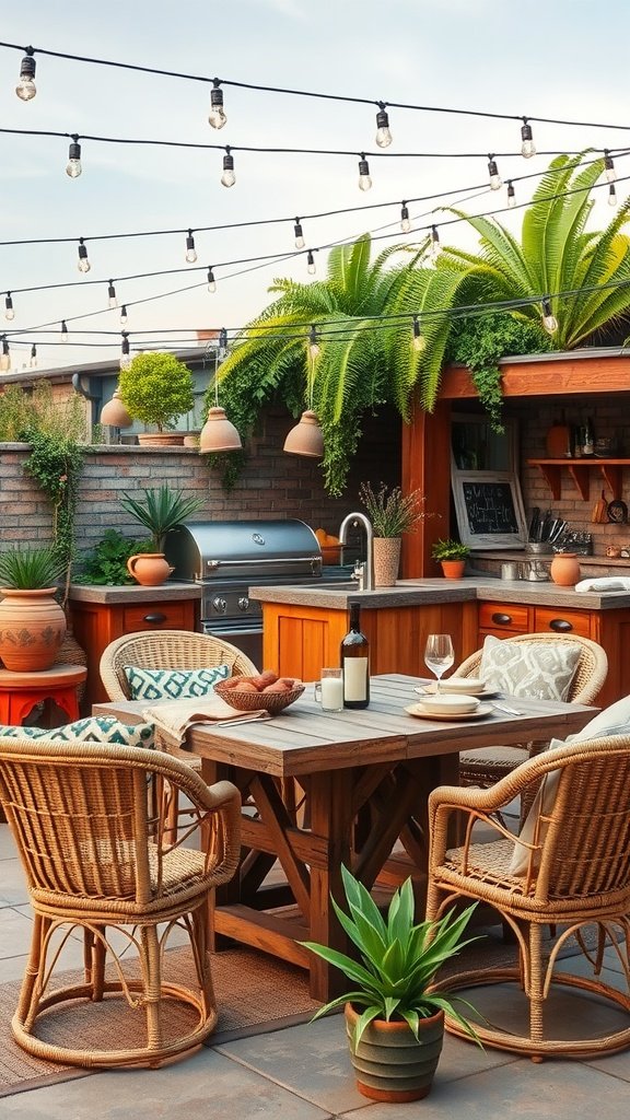 A boho-chic outdoor kitchen featuring wicker chairs, a wooden table, and clay accents, surrounded by plants and soft lighting.