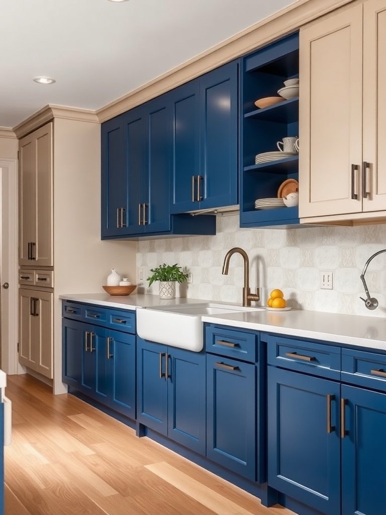 A kitchen featuring bold blue and soft beige two-tone cabinets.
