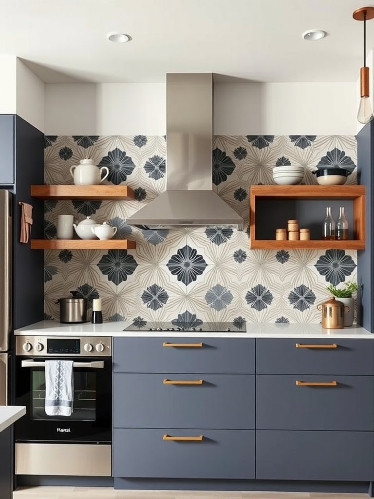 A kitchen with a bold graphic print backsplash featuring various letters and colors.