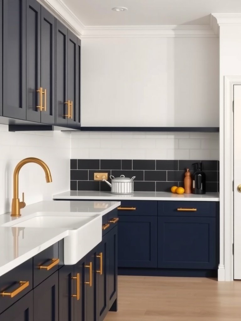 A modern kitchen featuring bold navy blue cabinets with gold hardware and white countertops.