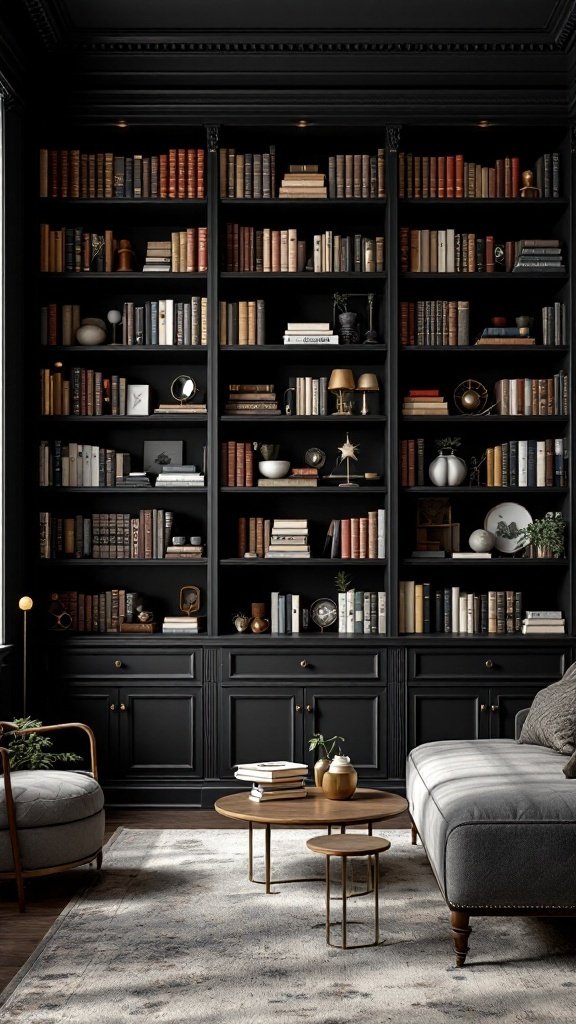 A stylish dark bookshelf filled with vintage books and decorative items.