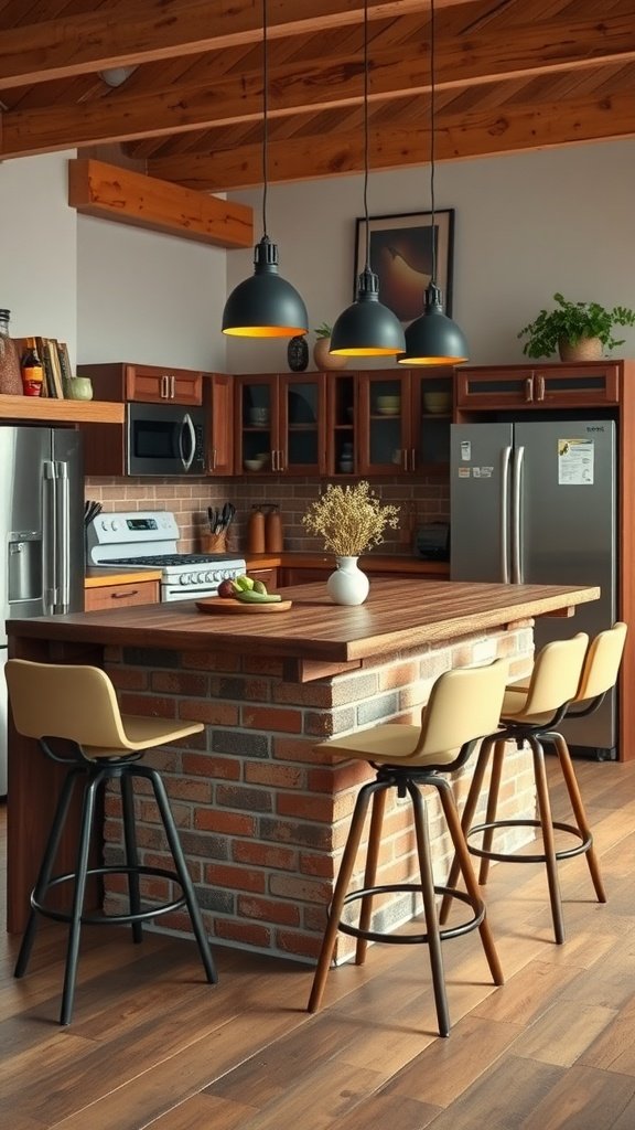 Brick base kitchen island with wooden top and bar stools