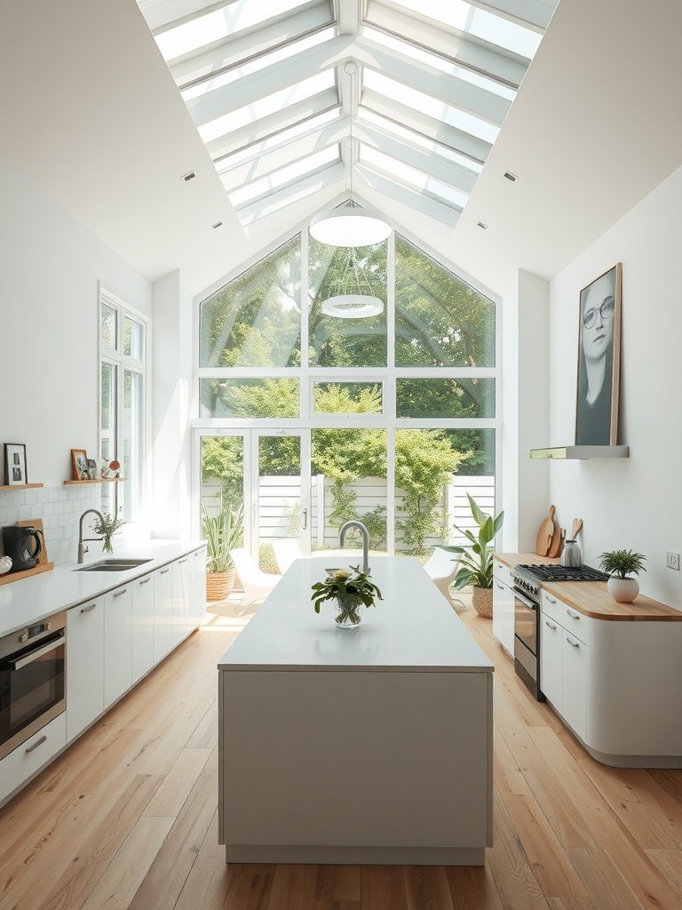 A bright and airy open concept kitchen with large windows and white cabinetry.