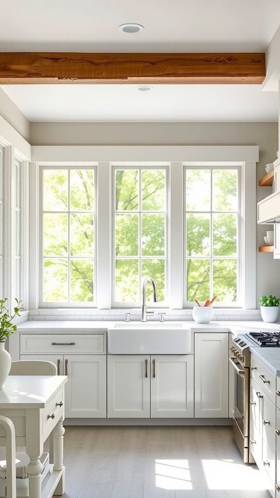 A bright and airy farmhouse kitchen with large windows and simple white cabinetry.