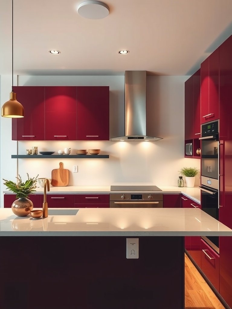 A modern kitchen featuring burgundy cabinets with a white countertop and stylish decor.