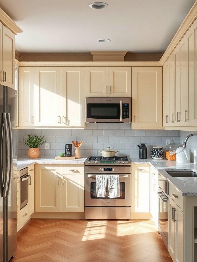 Cozy kitchen with butter yellow and pale cream cabinets