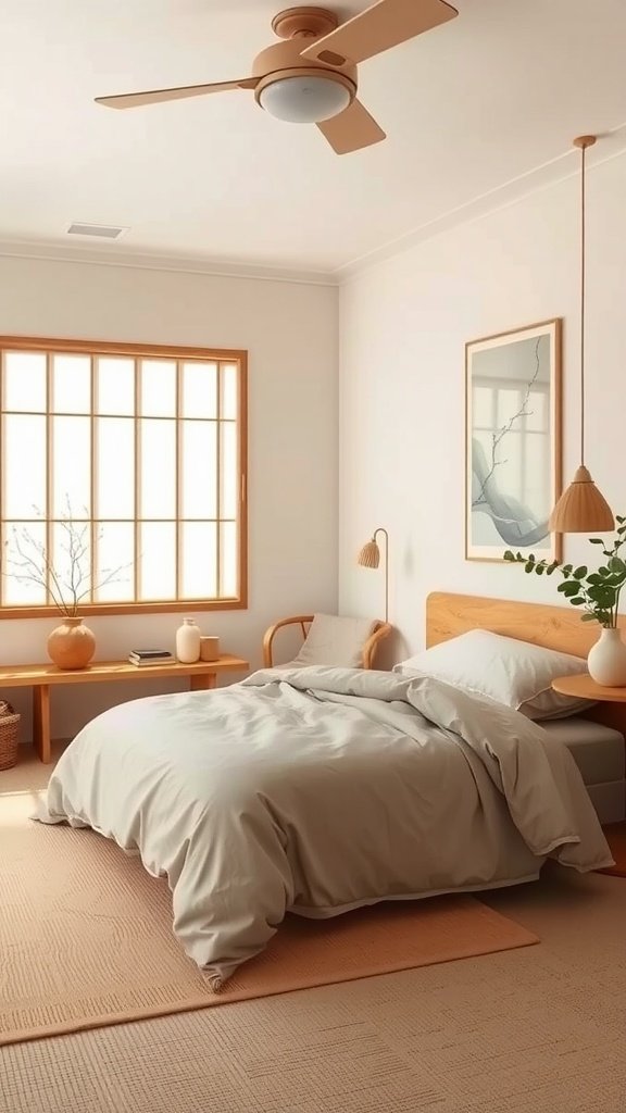 A serene Japandi style bedroom with neutral colors and natural materials.