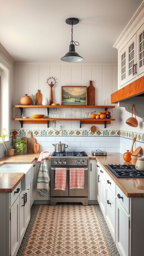 A cozy farmhouse kitchen featuring wooden shelves, vintage decor, and fresh fruits.