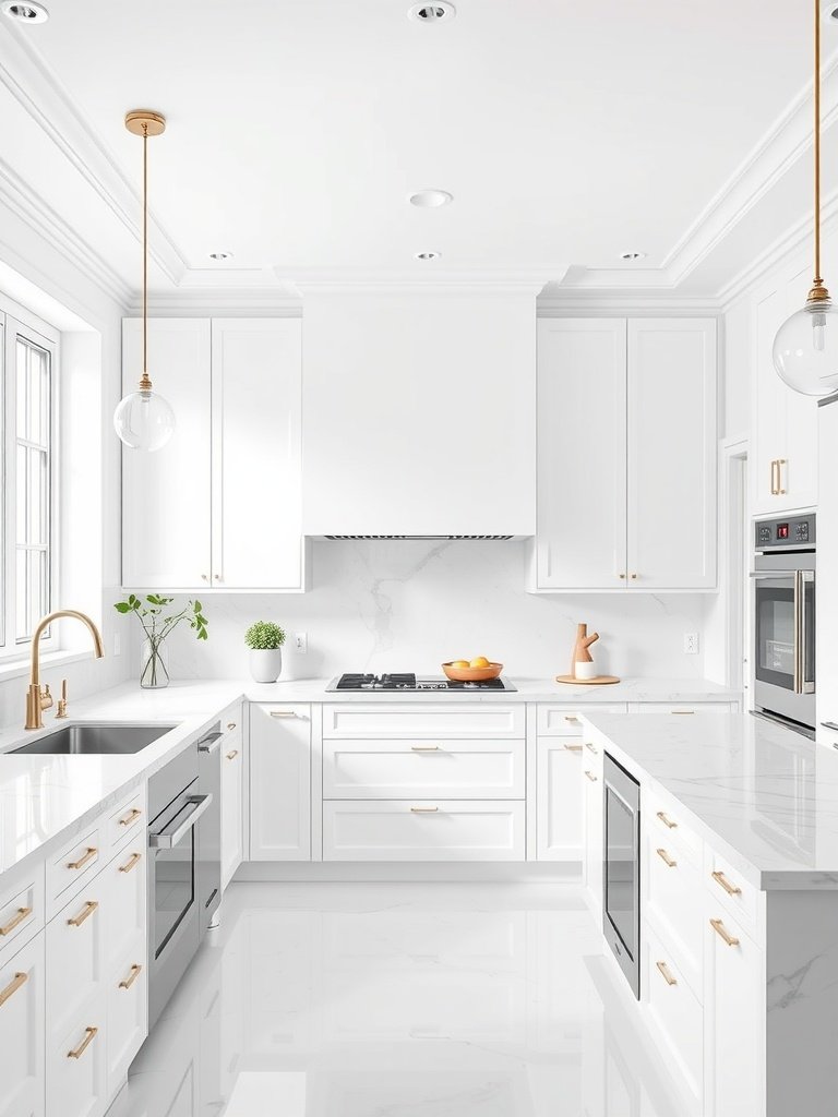 Modern all-white kitchen with sleek cabinets and golden accents