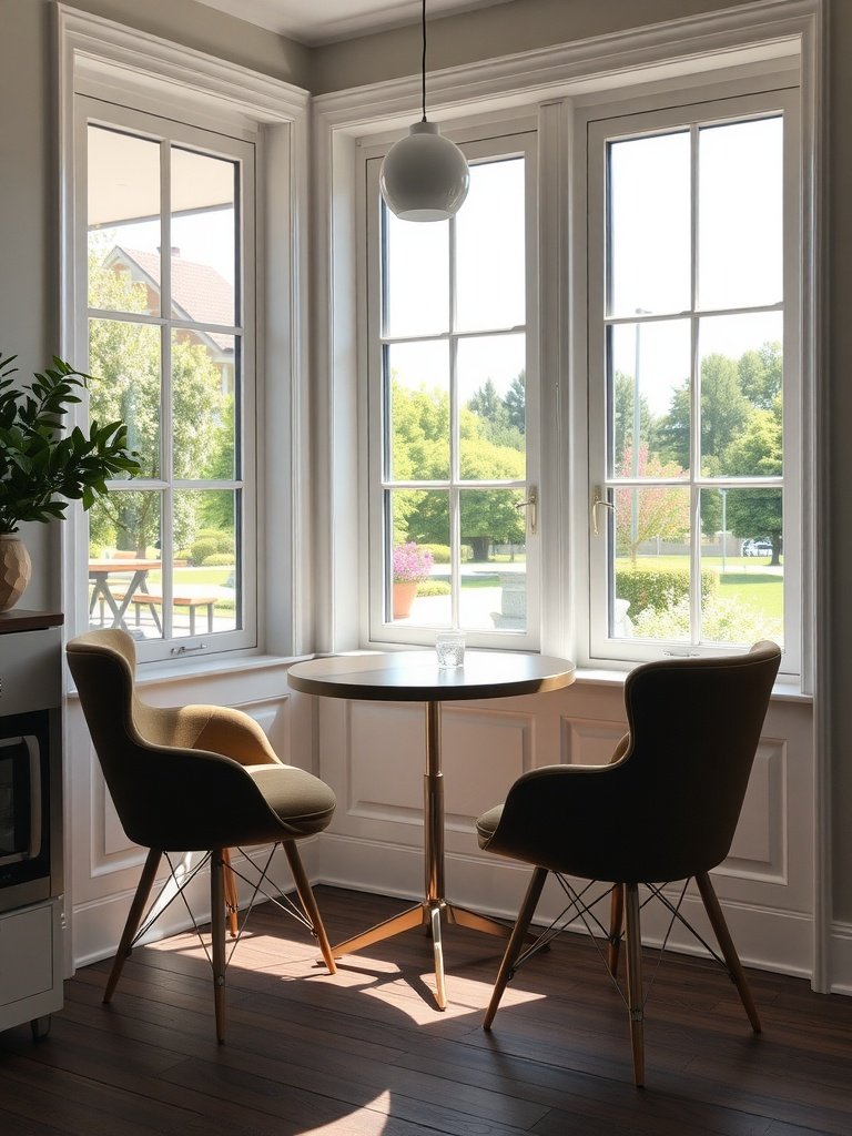 A stylish breakfast nook with a round table and two chairs by large windows overlooking a garden.