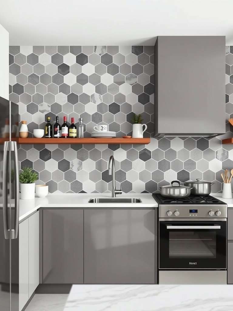 Stylish kitchen with a hexagonal tile backsplash in shades of grey.