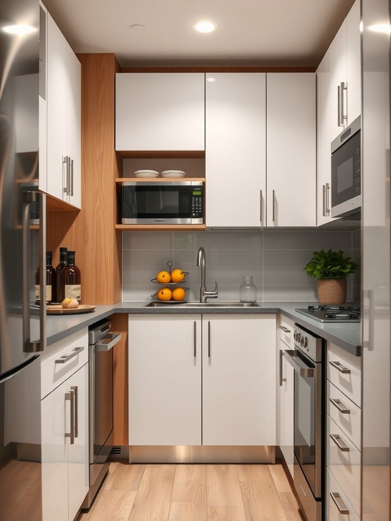 A modern galley kitchen featuring sleek white cabinets, stainless steel appliances, and a functional layout.