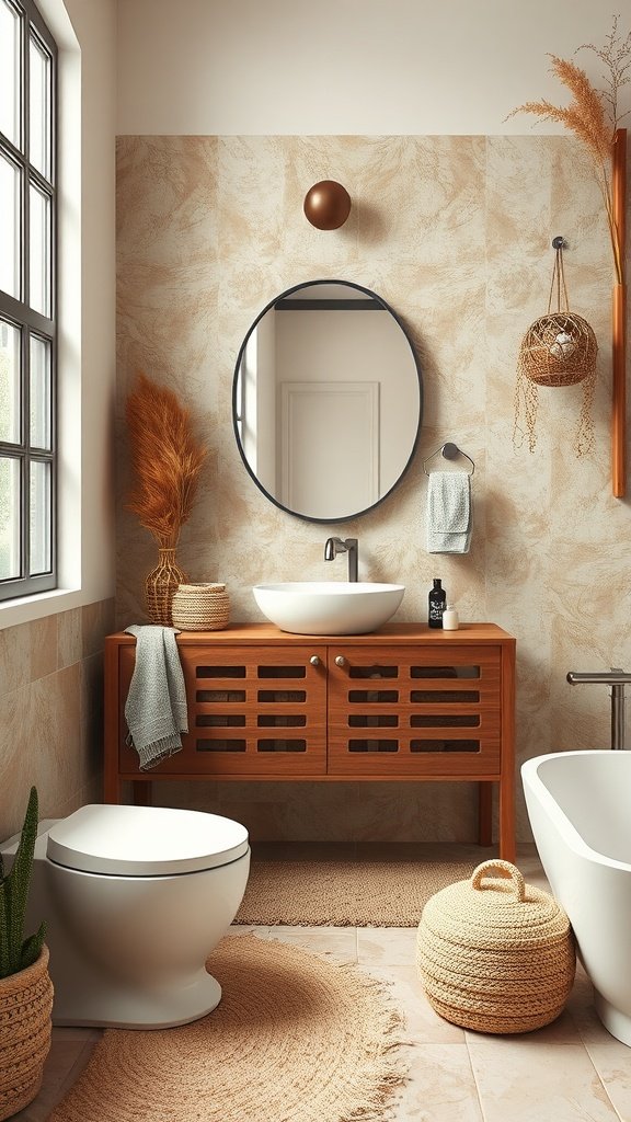 A serene Japandi style bathroom featuring warm earth tones and natural textures.