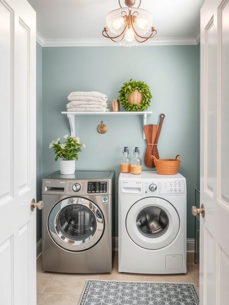 A stylish laundry room featuring light gray cabinets, a woven pendant light, and decorative plants.