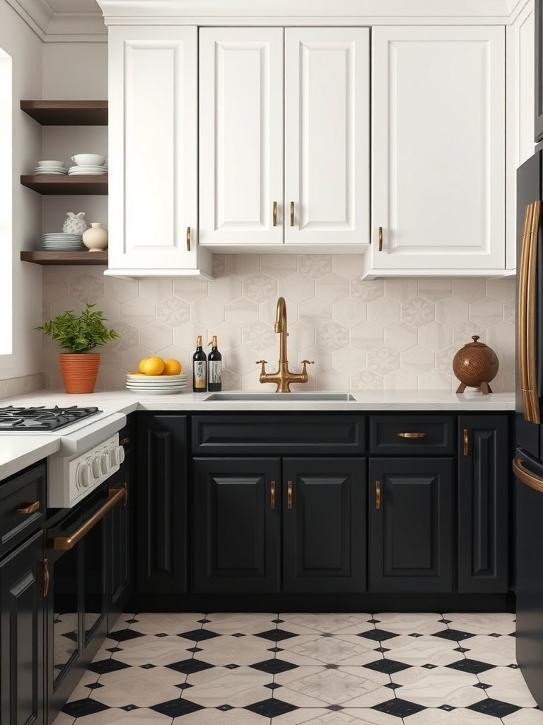 A kitchen with black and white two-tone cabinets, featuring gold hardware and a patterned floor.