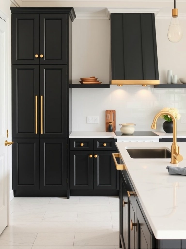A modern kitchen featuring classic black cabinets with gold hardware.