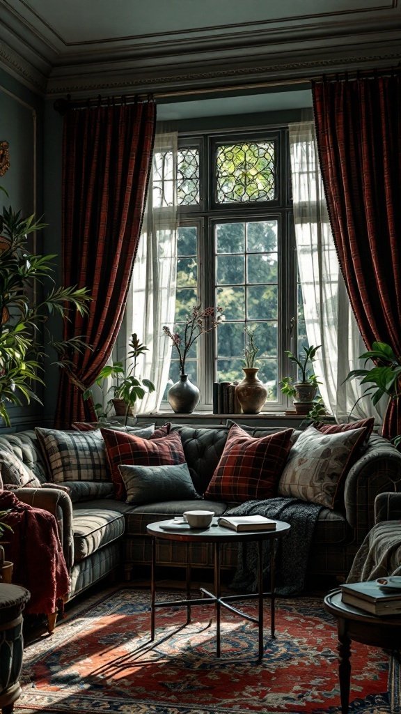 A cozy living room with plaid cushions, a round table, and lush plants.