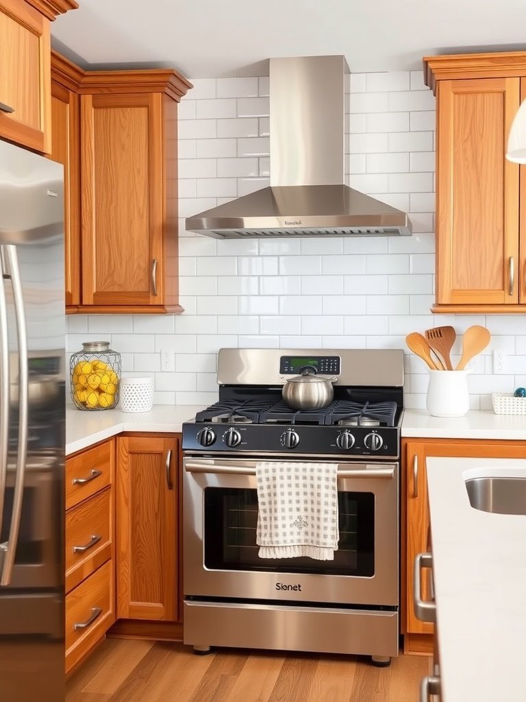 A kitchen featuring classic white subway tile backsplash with wooden cabinets.