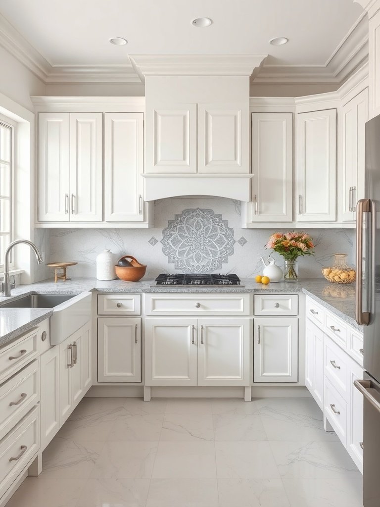 A classic kitchen featuring white cabinets and a gray patterned backsplash.